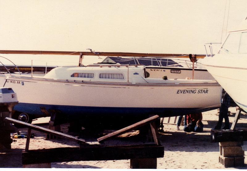 EveningStarOday23_002.jpg - Evening Star, our 1974 O-Day 23 sailboat in Chestnut Neck Boat yard, 1981.